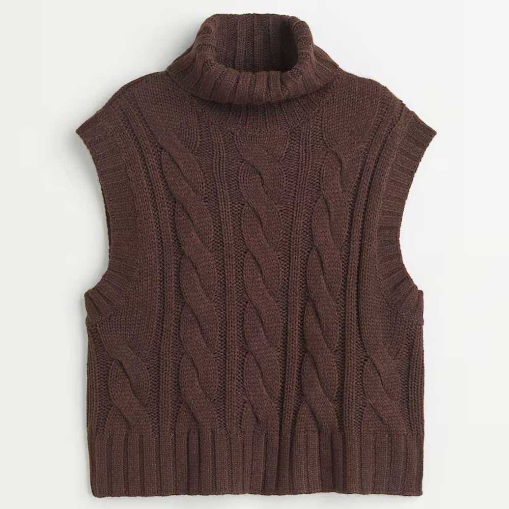 NWOT H&M Brown Polo Neck Knit Sweater Vest Cable Knit Ribbed Turtleneck